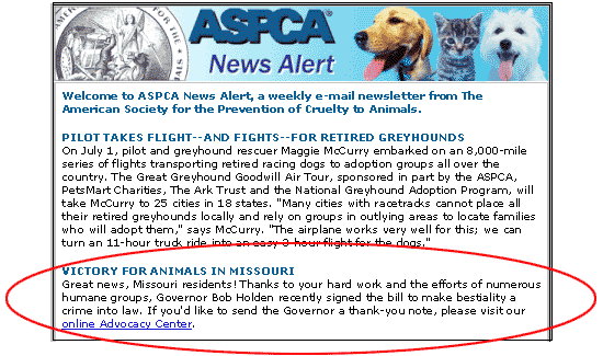 Sample ASPCA email highlighting advocacy