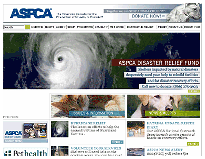 ASPCA homepage promoting Katrina Relief Fund