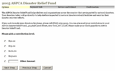 ASPCA online disaster relief donation form